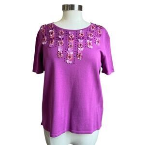 Alfred Dunner Purple Floral Collar Detail Short Sleeve Blouse Size M
